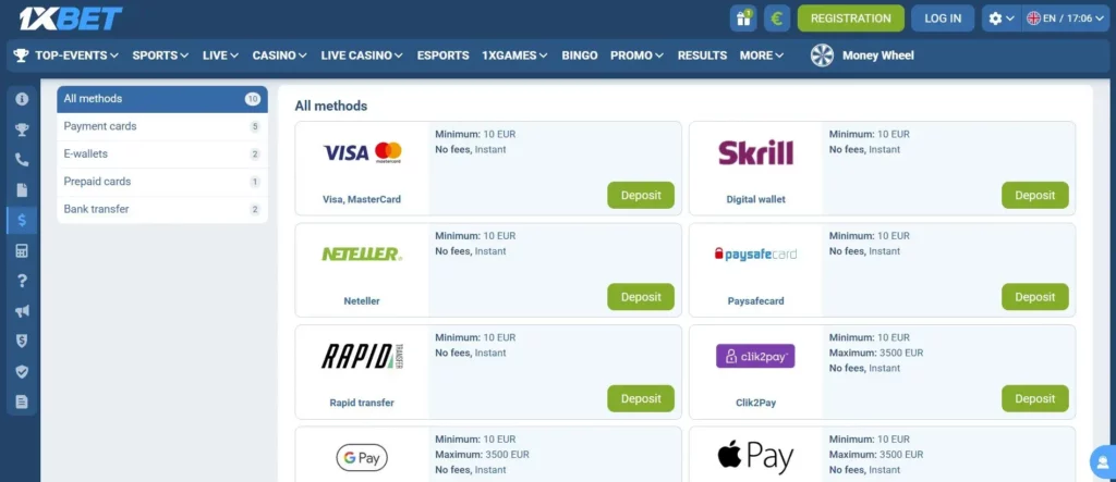 1xBet Payment Options